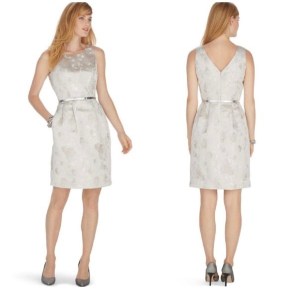 White House Black Market Dresses & Skirts - White‎ House Black Market Brocade Sleeveless Dress Silver Metallic Floral Size 4